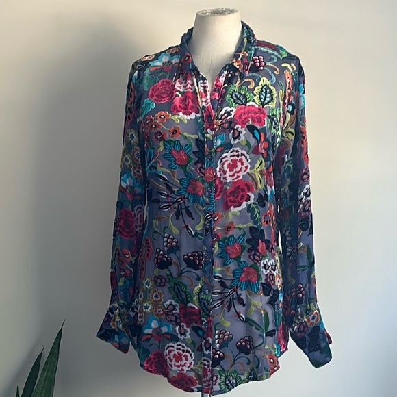 Johnny Was Velvet BURNOUT Velvet Minto Yrene Button Down Blouse RARE Sz Med NEW - Picture 3 of 7